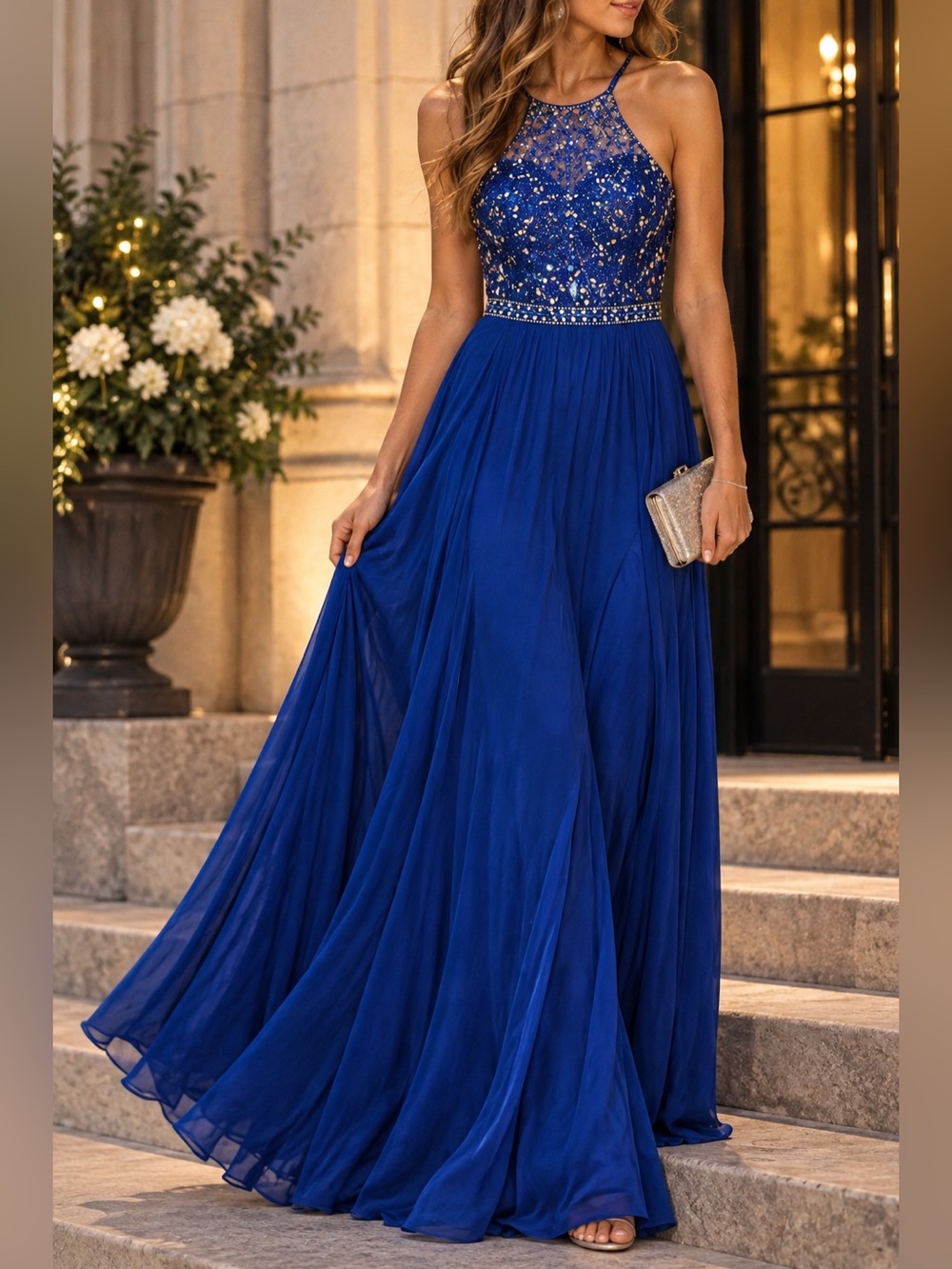 Blush Prom Royal Blue Beaded Rhinestone Chiffon Gown Size 6 Formal Gala